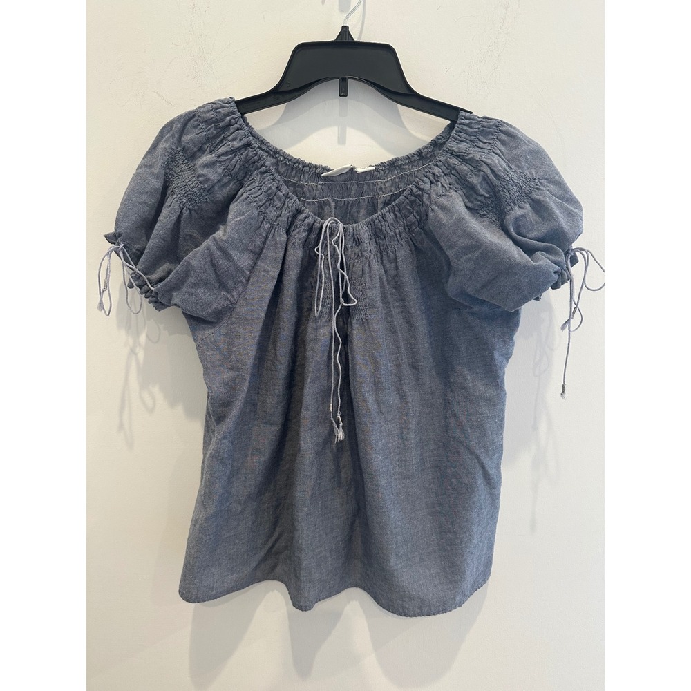 Blue Cotton Chambray Peasant Top Short Puff Sleeve Tie Neck Blouse XL Cottage